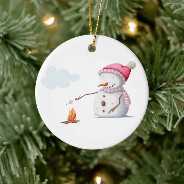 Niedlich Snowman Marshmallows Frohe Weihnachten Keramik Ornament (Baum)