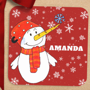 Niedlich Snowman Personalisiert Kids Weihnachten Quadratischer Aufkleber