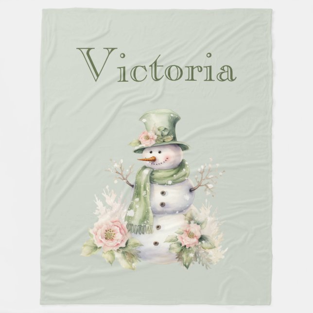 Niedlich Snowman Personalisiert Modern Green Fleecedecke (Vorderseite)