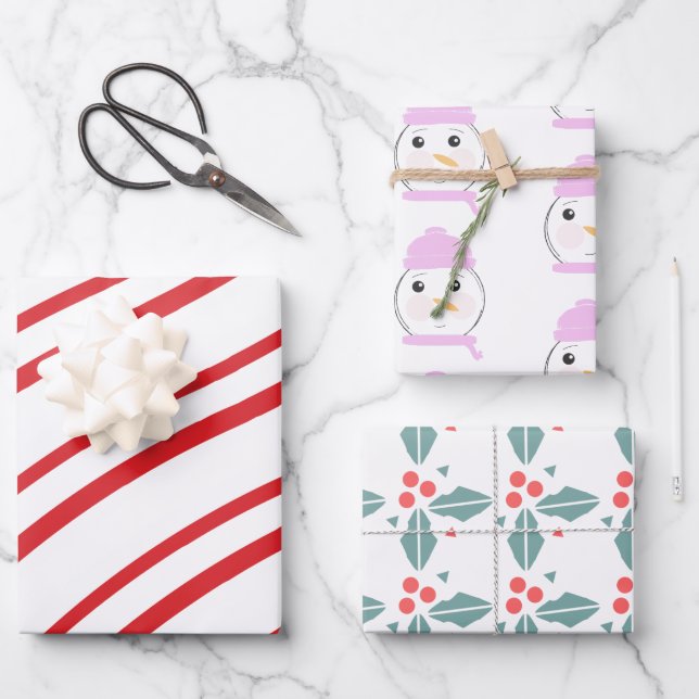 Niedlich Snowman Pink Christmas Mix Geschenkpapier Set (Vorderseite)