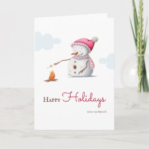 Niedlich Snowman Roasting Marshmallow Pink Weihnac Feiertagskarte