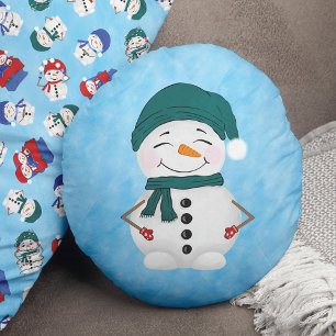 Niedlich Snowman Scarf Hat Christmas Round Pillow Rundes Kissen