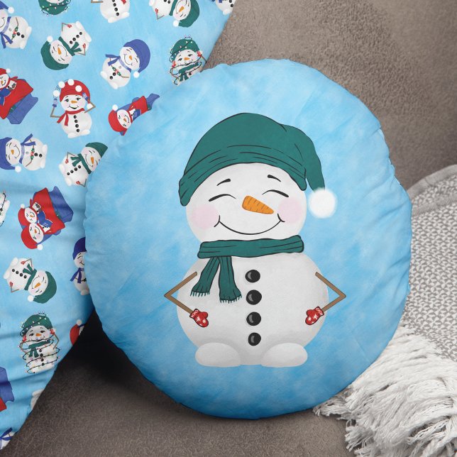 Niedlich Snowman Scarf Hat Christmas Round Pillow Rundes Kissen (Von Creator hochgeladen)