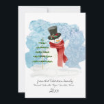 Niedlich Snowman Top Hat Frohe Weihnachts-Script-F Feiertagskarte<br><div class="desc">"Niedlicher Retro Snowman mit Holly Decorated Top Hat und fröhliches Weihnachtskript in einer Foto Holiday Card mit dem Familienfoto." Der süße, Retro-50er oder 60er-Schneemann mit Federbaum und Schal über einem frostig schneebedeckten Himmel bringt Familie und Freunden eine herzliche Botschaft. Ihr Foto kann leicht hochgeladen werden, um die Vorlagenfotografie zu ersetzen....</div>
