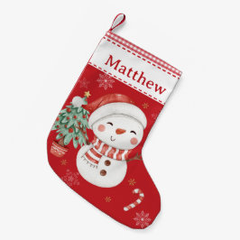 Niedlich Snowman Tree Candy Cane Red Gingham Kleiner Weihnachtsstrumpf