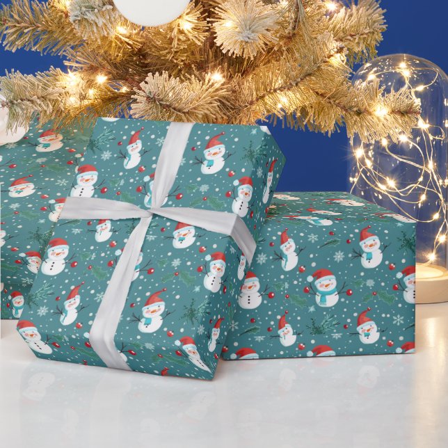 Niedlich Snowmen Grüne Schnee Grün Weihnachten Geschenkpapier (Feiertage)