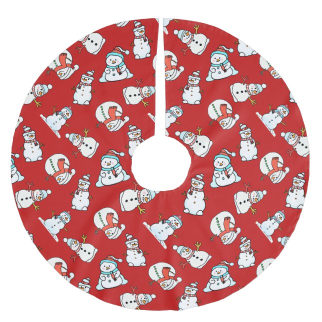 Niedlich Snowmen Pattern Rotes Weihnachtsfest Polyester Weihnachtsbaumdecke (Vorderseite)