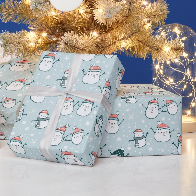 Niedlich Snowmen Schneeflocken Blaue Weihnachten Geschenkpapier (Feiertage)