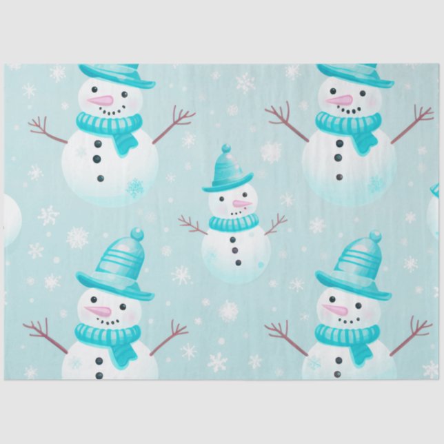 Niedlich Snowmen Snowflakes Light Blue Weihnachten Seidenpapier (Vorderseite)