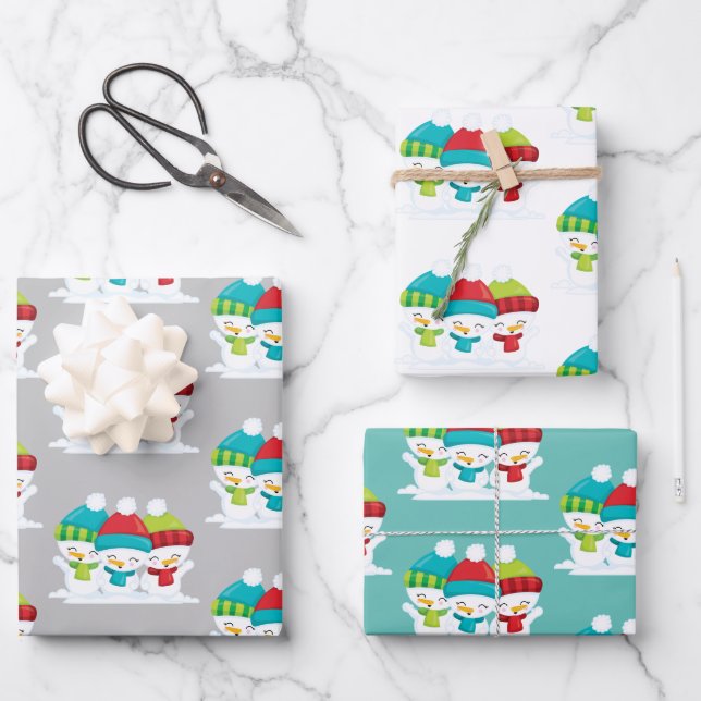 Niedlich Snowmen Trio Weihnachten Geschenkpapier Set (Vorderseite)