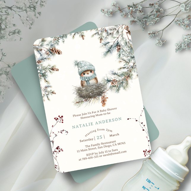 Niedlich Snowy Woodland Blue Bird's Nest Baby Show Einladung (Cute Snowy Woodland Blue Bird's Nest Baby Shower Invitation)
