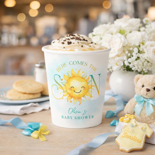 Niedlich Sonnenschein kommt hier mit der Son Baby  Pappbecher (Cute Sunshine Here Comes the Son Baby Shower Paper Cups)