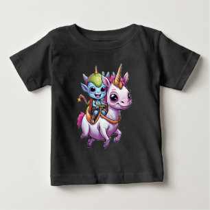 Niedlich Space Alien reitet unicorn lustiges UFO Baby T-shirt
