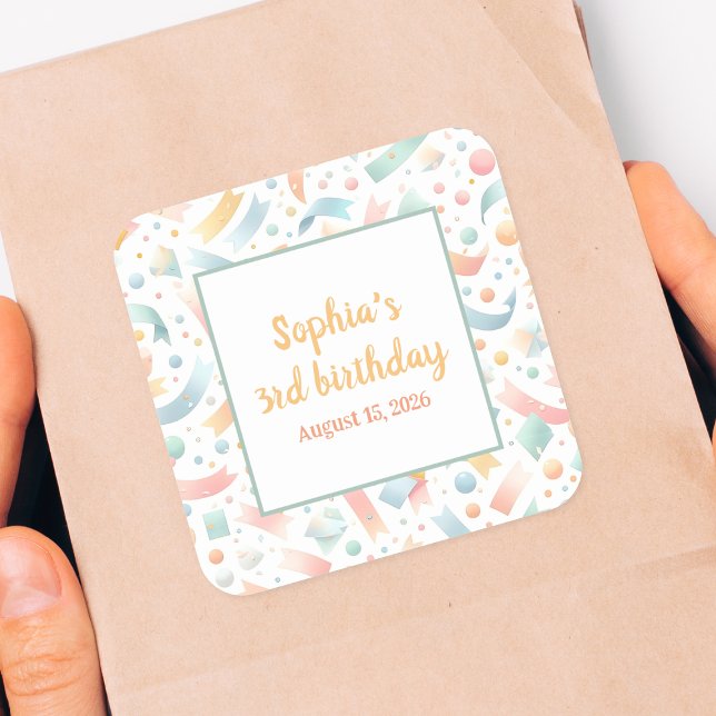Niedlich Spaß Kinder Confetti Farbenfrohe Pastel G Quadratischer Aufkleber (Celebrate in style with custom name birthday stickers. Perfect for party favors and gift bags!)