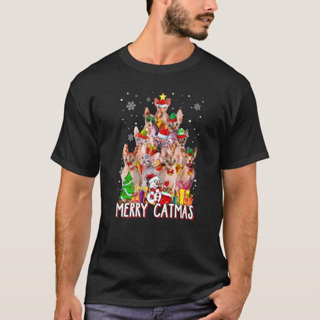 Niedlich Sphynx Cat Merry Catmas Weihnachtsbaum Xm T-Shirt (Vorderseite)