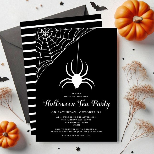 Niedlich Spider Black & White Halloween Tee Party Einladung (Cute Spider Black & White Halloween Tea Party Invitation)