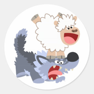 Niedlich spielend Cartoon Sheep und Wolf Sticker