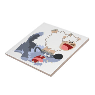 Niedlich spielend Cartoon Sheep und Wolf Tile Fliese