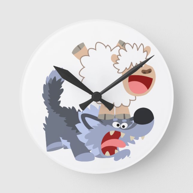 Niedlich spielend Cartoon Sheep und Wolf Wall Cloc Runde Wanduhr (Vorderseite)