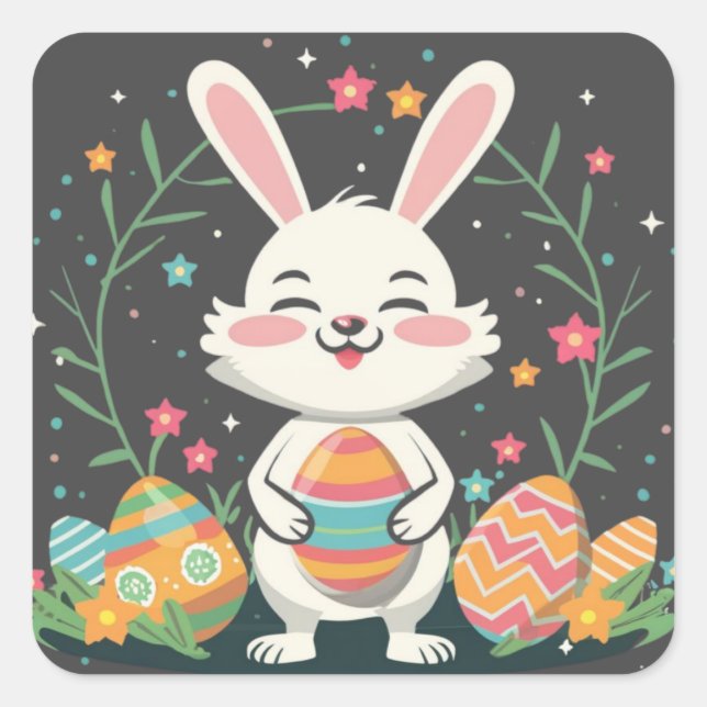 Niedlich spielend Ostern Bunny Eggs Square Sticker (Vorderseite)