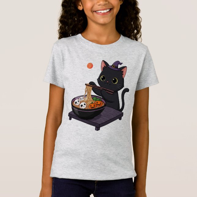Niedlich Spooky Black Cat und Midnight Ramen T-Shirt (Vorderseite)