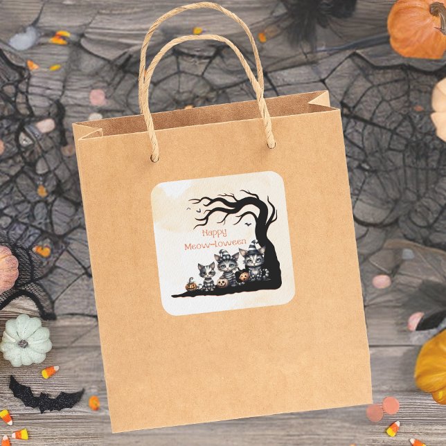 Niedlich Spooky Ghost Halloween Schwarze Katzen Quadratischer Aufkleber (Von Creator hochgeladen)