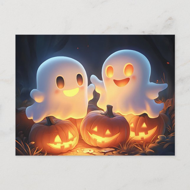 Niedlich Spooky Halloween Cartoon Ghosts Glows Pum Ankündigungspostkarte (Vorderseite)