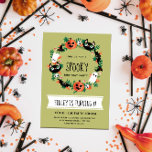 Niedlich Spooky Halloween Wreath Green Kindergebur Einladung<br><div class="desc">Niedliche Halloween-Geburtstagsfeier mit einem geilen Halloween-Kranz mit Kürbis,  Katzen,  Gespenstern,  Schädeln,  Toaststühlen,  Fledermäusen und Herbstblättern vor grünem Hintergrund.</div>