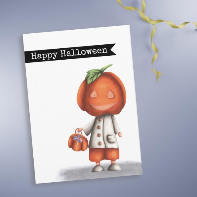 Niedlich Spooky Pumpkin Head Happy Halloween Karte (Cute Halloween card with a little kid in a Jack O Lantern costume by Kinda Cute by Patricia Alvarez)