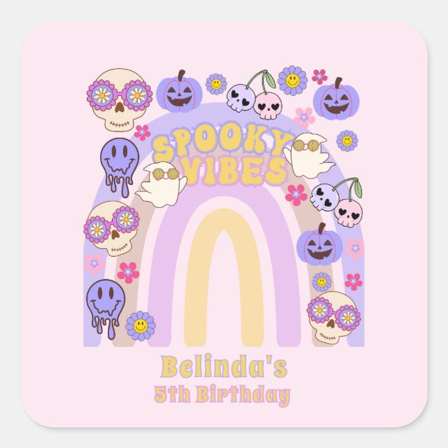 Niedlich Spooky Vibes Groovy Ghost Halloween Gebur Quadratischer Aufkleber (Vorderseite)
