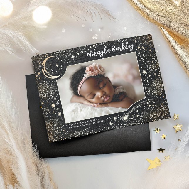 Niedlich Stars Moon Celestial Neugeborenes Foto Ge Ankündigung (Moon and Stars Magical Birth Announcement Photo Card)