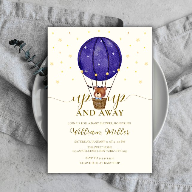 Niedlich Stars Teddy Bear Heißluftballon Babydusch Einladung (Cute Stars Teddy Bear Hot Air Balloon Baby Shower Invitation)