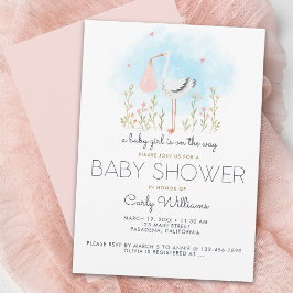Niedlich Stork Baby Girl Babydusche Einladung