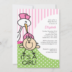 Niedlich Stork Baby Girl Babydusche Einladungen
