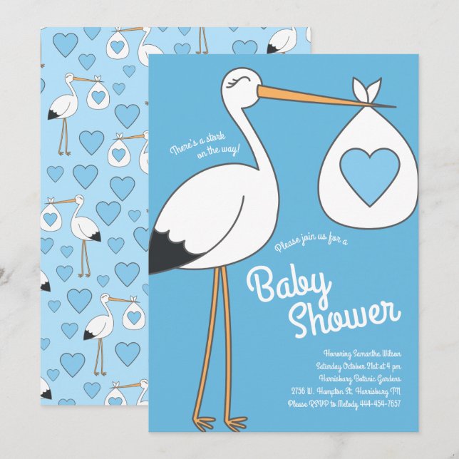 Niedlich Stork Baby Shower Mod Blue Boy Einladung (Vorne/Hinten)