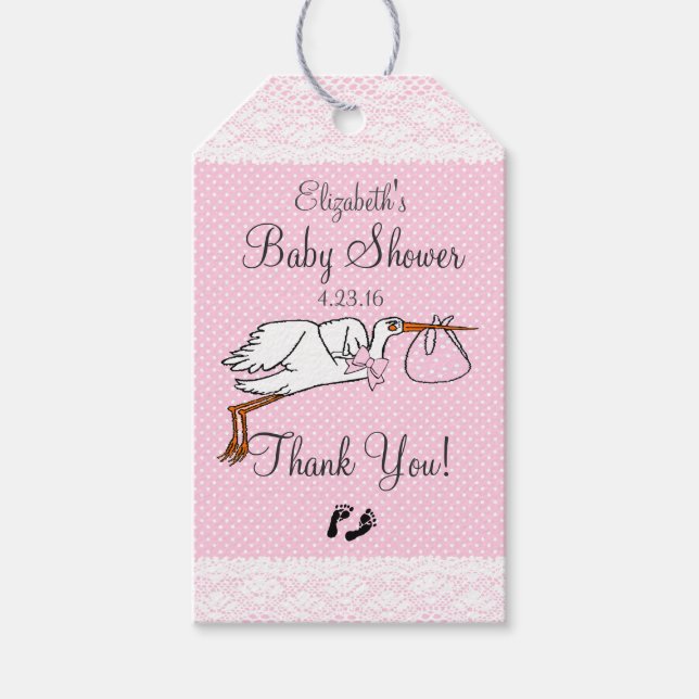 Niedlich Stork Pink Baby Showgast Gefallen Geschenkanhänger (Vorderseite)