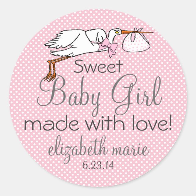 Niedlich Stork Pink Baby Showgast Gefallen Runder Aufkleber (Vorderseite)