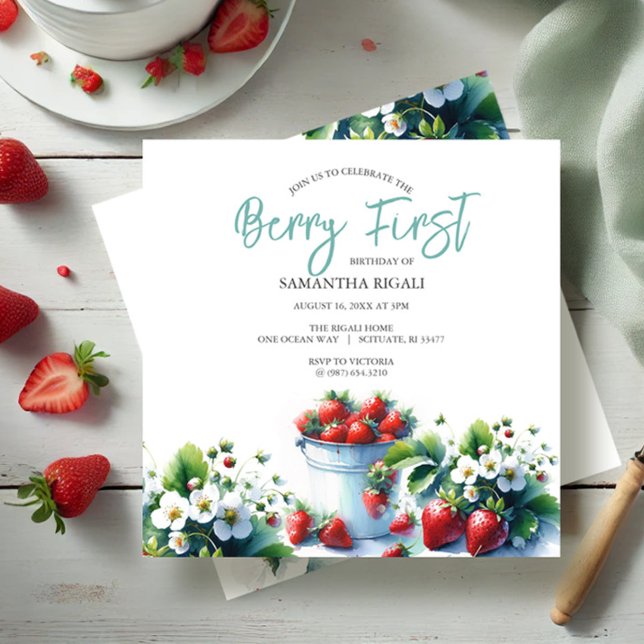 Niedlich Strawberry Berry Erster Geburtstag Einladung (Berry sweet birthday invitations watercolor strawberries in shades of red. )