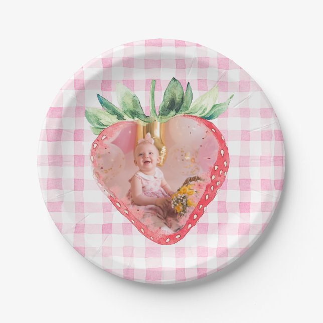 Niedlich Strawberry Berry Foto Pink Gingham Brithd Pappteller (Vorderseite)