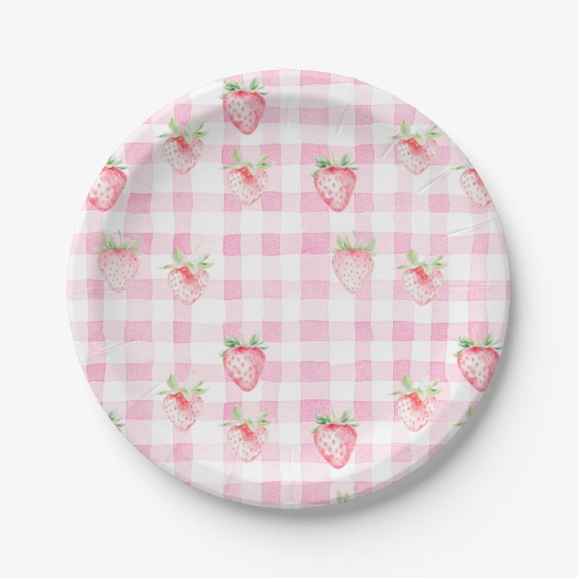 Niedlich Strawberry Berry Pink Gingham Brithday Pappteller (Vorderseite)