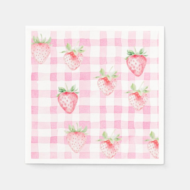 Niedlich Strawberry Berry Pink Gingham Brithday Serviette (Vorderseite)