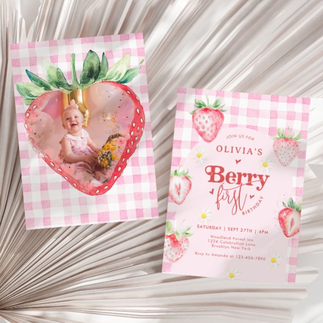 Niedlich Strawberry Daisy Berry Erstes Foto Geburt Einladung (Von Creator hochgeladen)