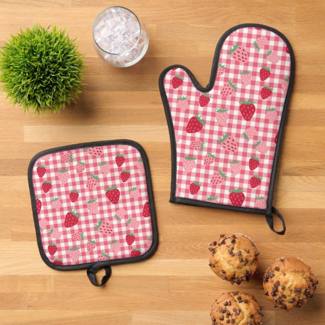 Niedlich Strawberry Gingham Gemustert Ofenhandschuh & Topflappen-Set (Oben Unten)