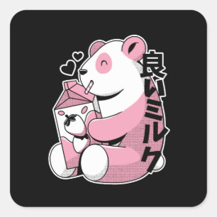 Niedlich Strawberry Milkshake Kawaii Panda Quadratischer Aufkleber