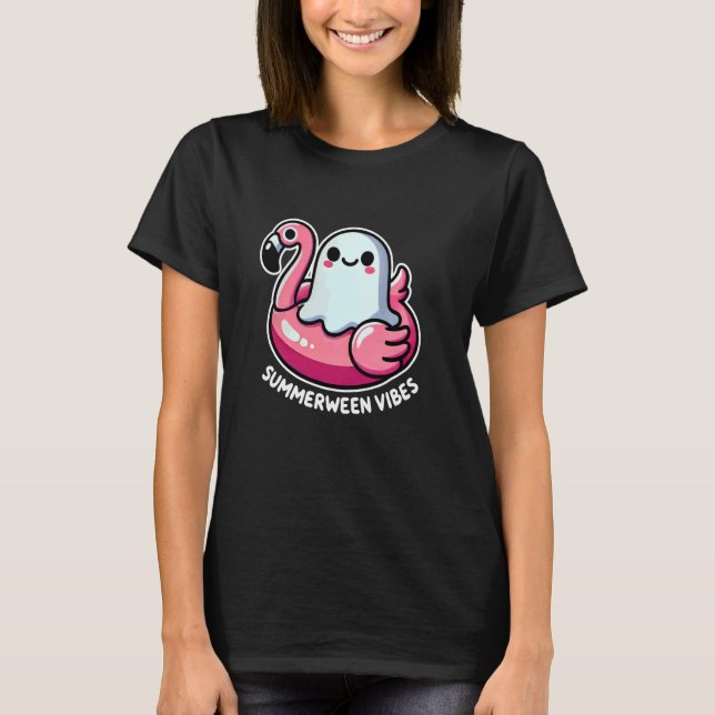 Niedlich Summerween Vibes Ghost auf Flamingo Float T-Shirt (Vorderseite)