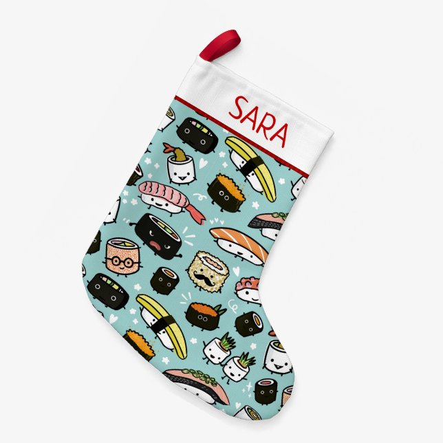 Niedlich Sushi Pattern Funny Kawaii Food Holiday X Kleiner Weihnachtsstrumpf (Vorderansicht (hängend))