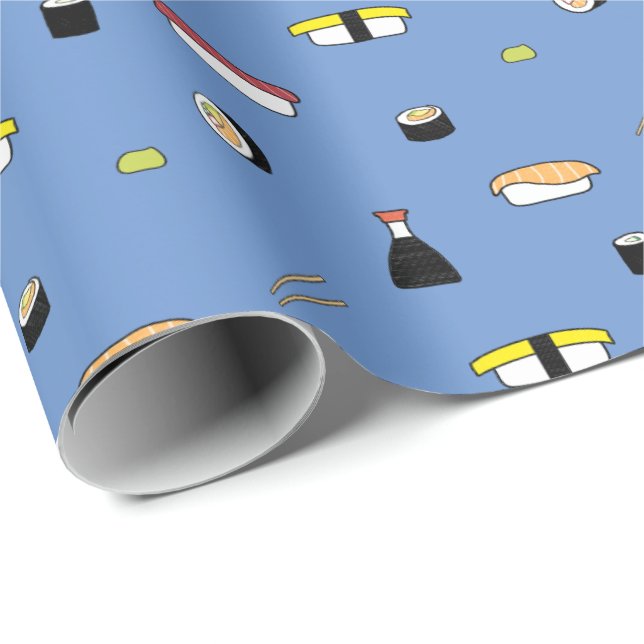 Niedlich Sushi Roll Set Pattern Nigiri Maki | Blau Geschenkpapier (Rolleneckpunkt)
