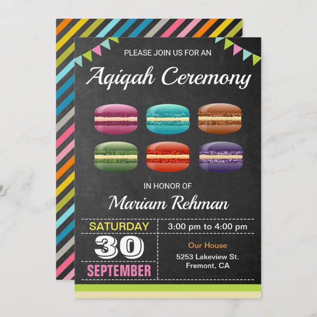 Niedlich Sweet Macarons Aqeeqah | Zeremonie von Aq Einladung (Vorne/Hinten)