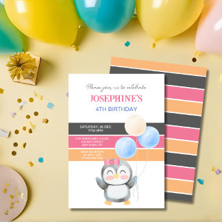Niedlich Sweet Penguin Balloon Girl Geburtstag Einladung