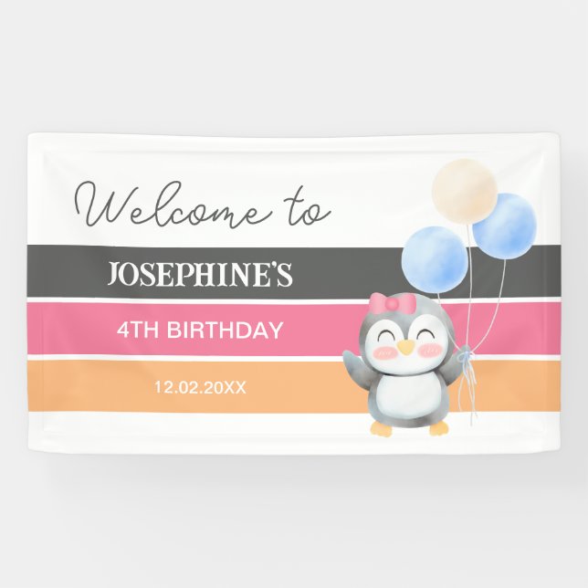 Niedlich Sweet Penguin Balloon Girl Geburtstag Wil Banner (Horizontal)
